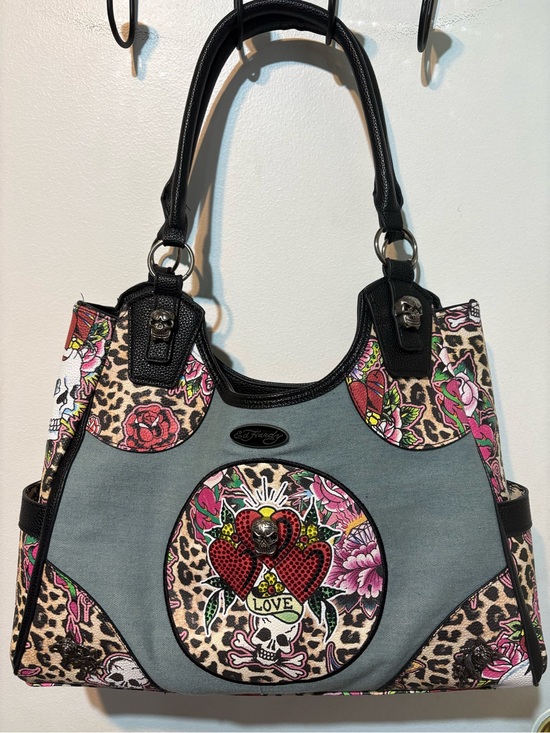 Ed Hardy Handbags - Ed Hardy NWOT “LOVE” Large Shoulder Bag Multicolor/Metal Skulls & Flowers. 17x12